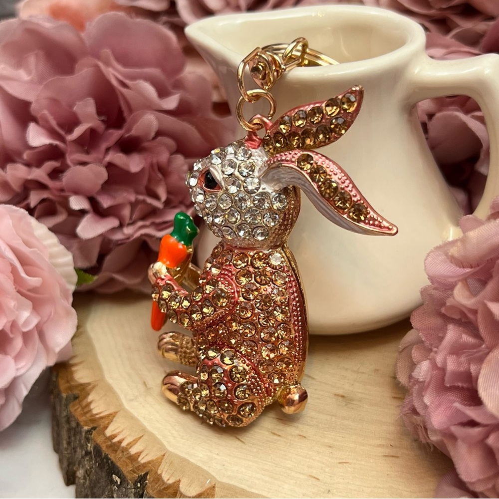 Champagne and Silver Crystal Bunny Rabbit with Carrot Keychain Charm - Picture 3 of 16